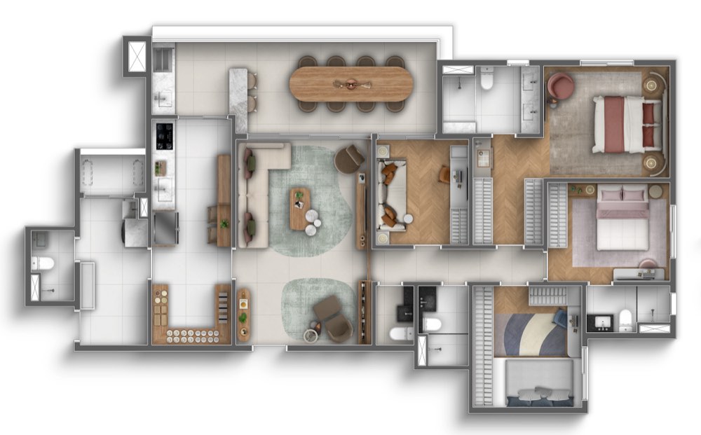Planta de 152 m² com 4 dormitórios, sendo 2 suítes