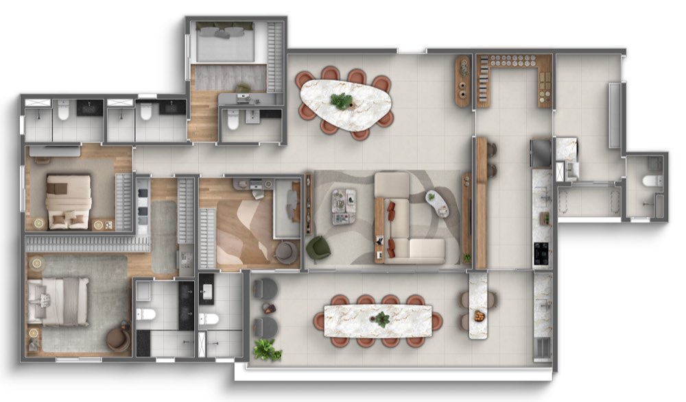 Planta de 202 m² com 4 suítes