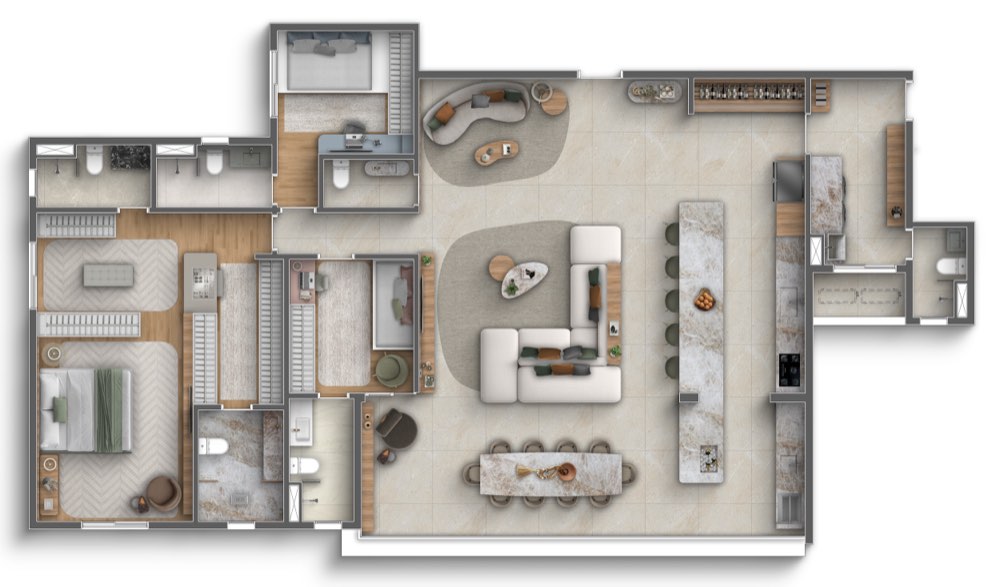 Planta decorada de 202 m² com 3 suítes e sala integrada