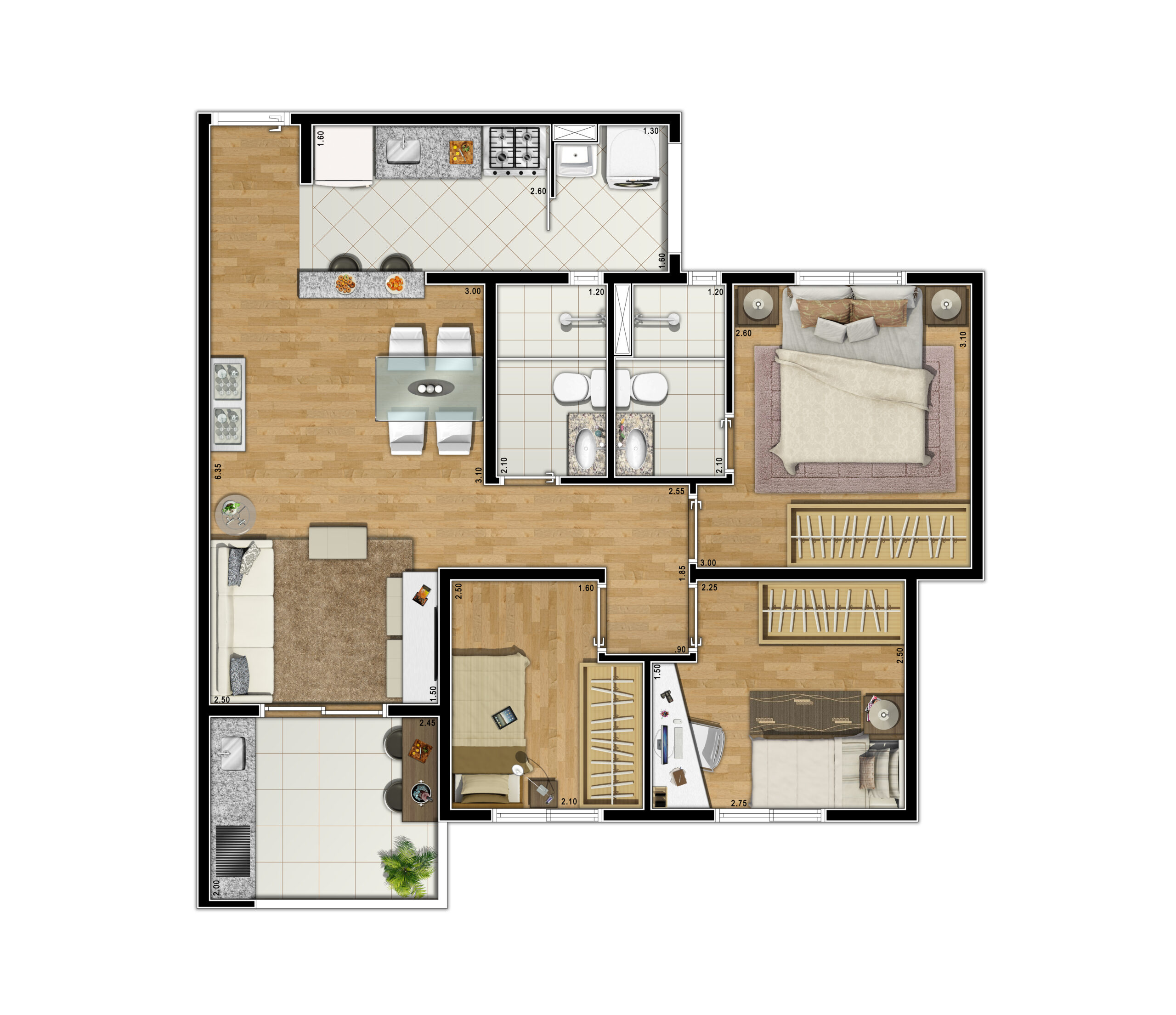 3 dorms (suíte) | 61m²